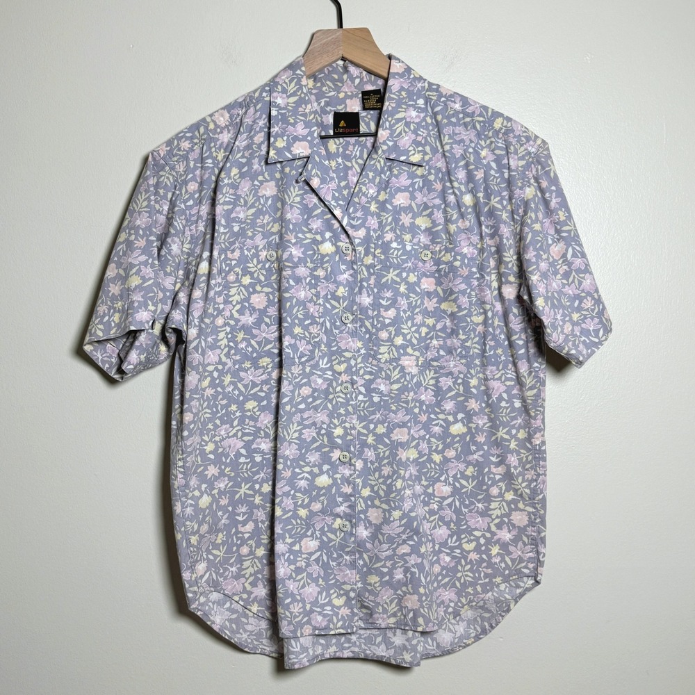 Lizsport VTG Mens Button Up Shirt M Purple Floral Lilac‎ Camp Retro